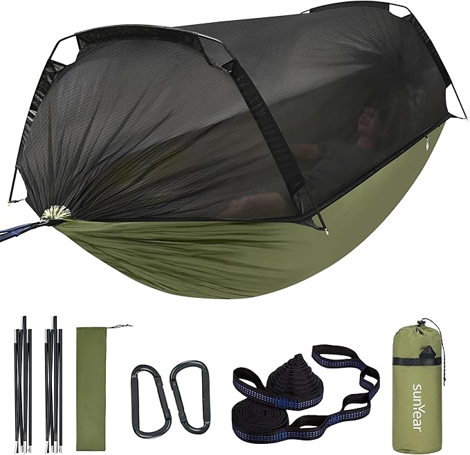 Sunyear Camping Hammock Tent - Portable Hammocks with Mosquito Net (Single/Double 500lbs Capacity) - Spacious &amp Anti-Rollover Design with 2 Tree Straps for Hiking Backpacking Indoor/Outdoor Use