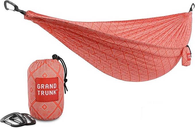 Grand Trunk TrunkTech Single Hammock | Lightweight Ripstop Nylon Camping &amp Travel Hammock 11 ft 500 lb Capacity Includes Carabiners | Red with Navy Trim
