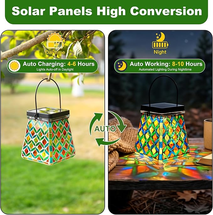 VOREEN Mosaic Solar Lantern Colorful Mosaic Glass Decorative Lantern for Outdoor Garden &amp Patio Tabletop or Hanging Solar Powered Light Multicolor Geometric Lattice Design