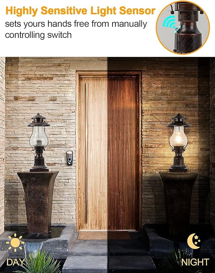 Dusk to Dawn Post Lights Outdoor Photocell Sensor Rustic Pole Mount Lanterns with Pier Mount Adapter Oil Rubbed Brown with Crackle Glass Waterproof Pillar Lights for Patio Garden Porch and Backyard