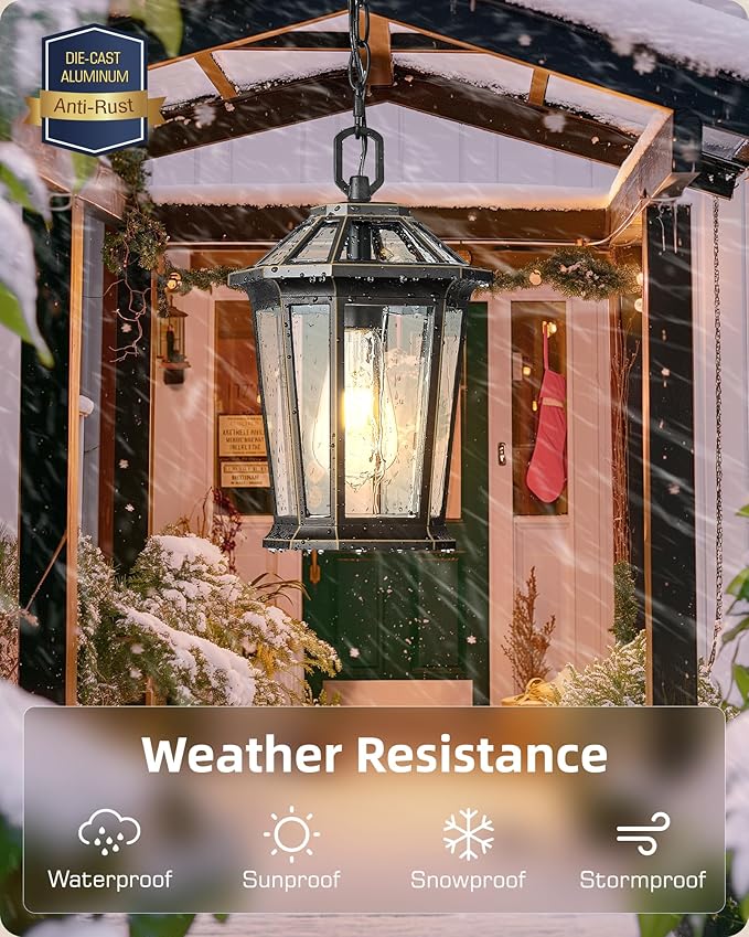 VIANIS Outdoor Pendant Light Fixtures for Porch Exterior Ceiling Hanging Lanterns Anti-Rust Waterproof Farmhouse Outdoor Chandelier Black Gold Aluminum with Tempered Glass for Entryway 1 Pack