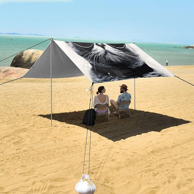 ALAZA Cat with Sun Glasses Beach Tent Sun Shelter UPF50+ Protection Beach Shade Canopy w/ 4 Sandbags for Outdoor Camping Fishing Backyard Fun Picnic 10x9 ft