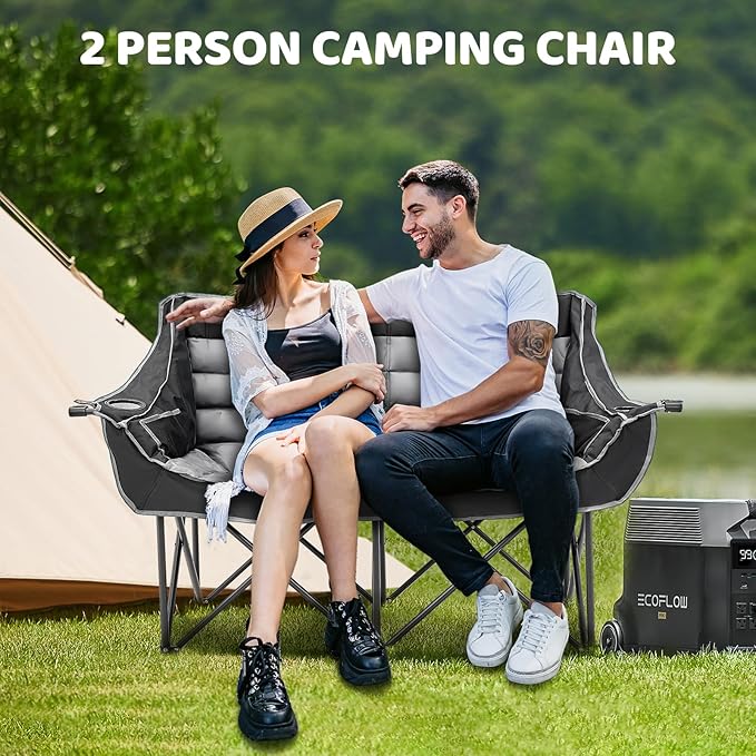 Double Camping Chair for Adults 2 Person Loveseat Camping Chair with Cup &amp Wine Glass Holder Portable Padded Double Folding Chair for Outdoor Camp Lawn Picnic Sports Support 500LBS (BLACK+GREY)