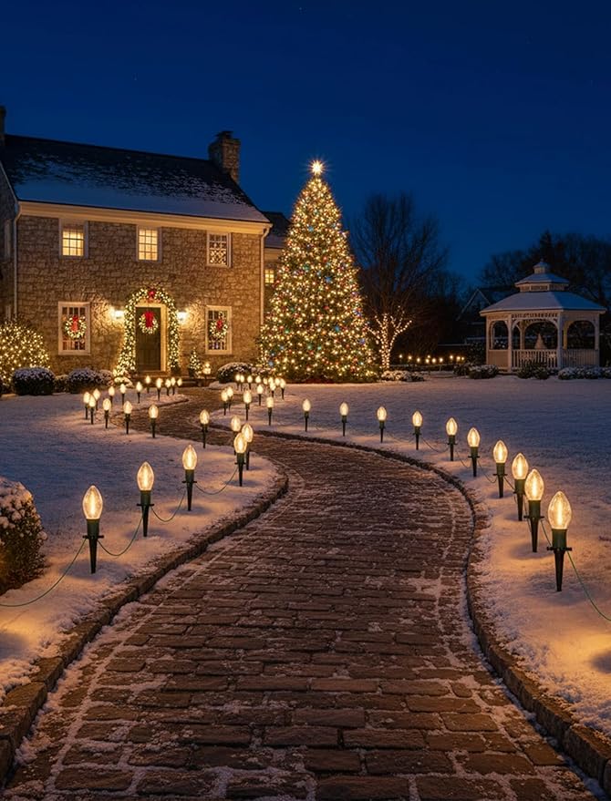 C9 Christmas Lights Outdoor 38Ft Christmas Pathway Lights with 27 LED Bulbs and 25 Marker Stakes Connectable Outdoor Decorations Yard Walkway Sidewalk Holiday Warm White