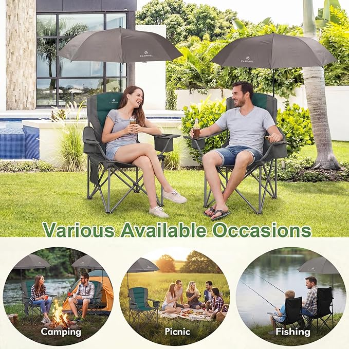 CAMPHILL 2 Pack Oversized Camping Chairs with Adjustable Umbrella-Folding Padded Lawn Chair with Backrest &amp Comfy Armrest-Heavy Duty for Beach Patio PicnicDark Green