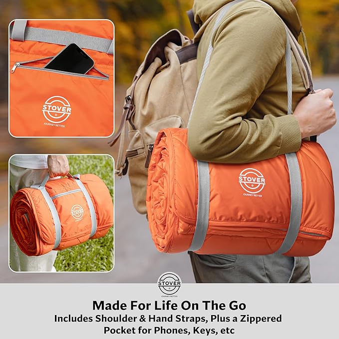 STOVER Large Waterproof Outdoor Stadium Blanket- Extra Thick Soft Fleece Camping Blanket for Travel Picnics Sports Dogs- 79x55 Warm Windproof Sand-proof Lightweight Packable (Game Day Orange)