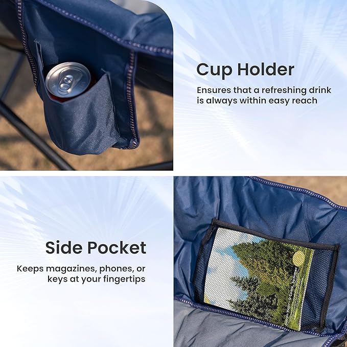 2 Pack Oversized Camping Chair with Cup Holder &amp Carry Bag 500lbs Heavy Duty Moon Saucer Folding Chair for Outdoor Lawn Sports Patio Navy Blue