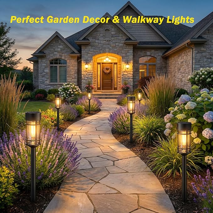 Solar Lights Outdoor Waterproof 8 Pack 21 Solar Pathway Lights with Metal &amp Glass Auto On/Off Garden Lights for Yard Landscape Driveway Walkway