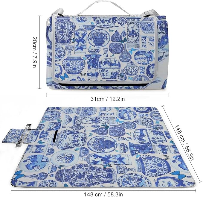 Blue and White Folk Chinese Chinoiserie Style Waterproof Outdoor Picnic Blanket Sandproof Beach Mat for Camping Hiking Grass Travelling