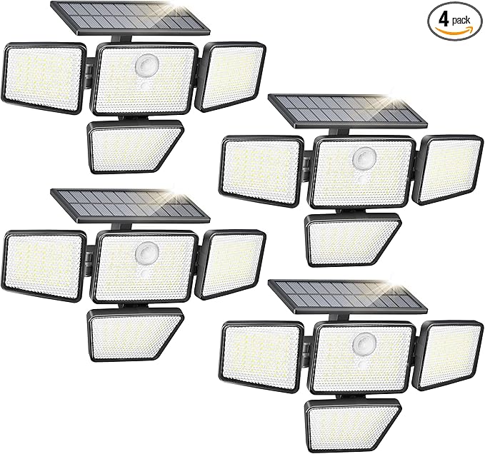 Philips Solar Security Light Outdoor 196 LED Wall-Mounted Flood Light w/PIR Motion Sensor 3 Modes 4 Adjustable Heads Solar-Powered Floodlights with Remote Control IP65 Waterproof 4PK