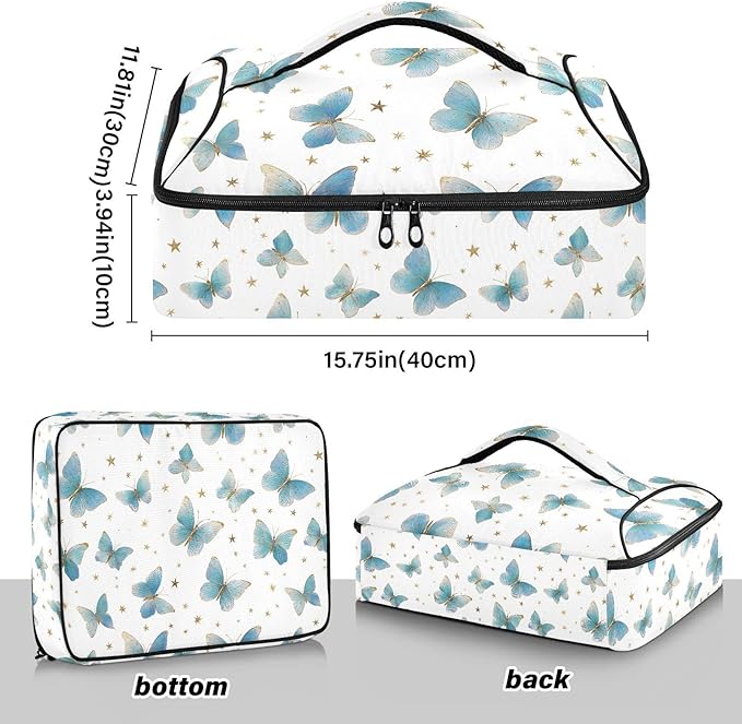 Casserole Carrier Beautiful Pattern Green ButterfliesInsulated Casserole Carrier for Hot or Cold Food Thermal Lunch Tote for Potluck Parties Picnic Beach Fits 9 x 13 Inches Baking Dish