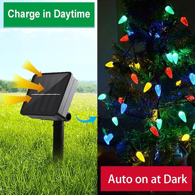 C6 Solar Christmas Lights Outdoor 39Ft 100 Counts Multicolored C6 LED Christmas Lights Outdoor Waterproof Solar Xmas Fairy Lights for Christmas Decoration Holiday Garden Patio Garland Decor