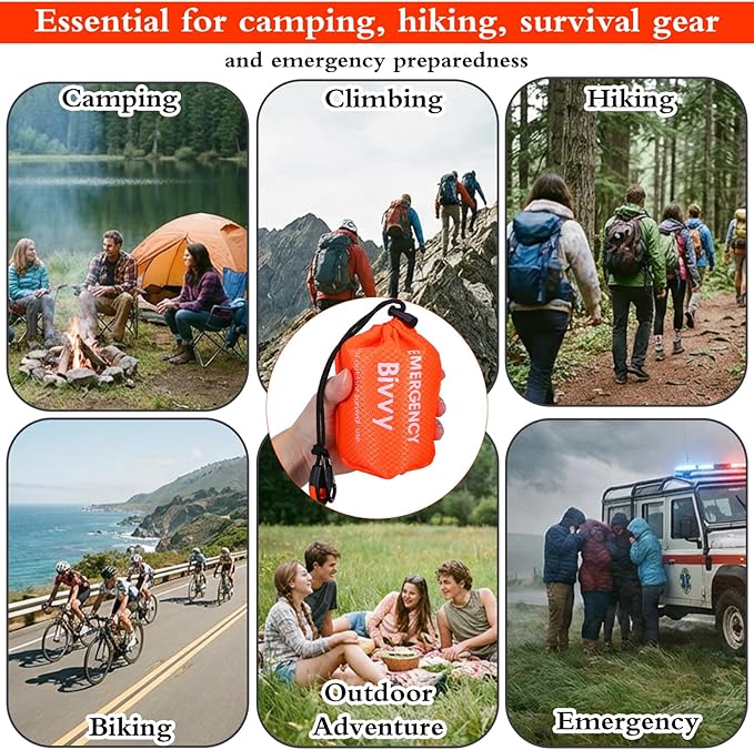 6 Pack Emergency Survival Sleeping Bags Orange Thermal Bivy Sack Blanket Lightweight Portable Waterproof Aluminized Space Blanket with Whistle for Camping Hiking Outdoor Adventure