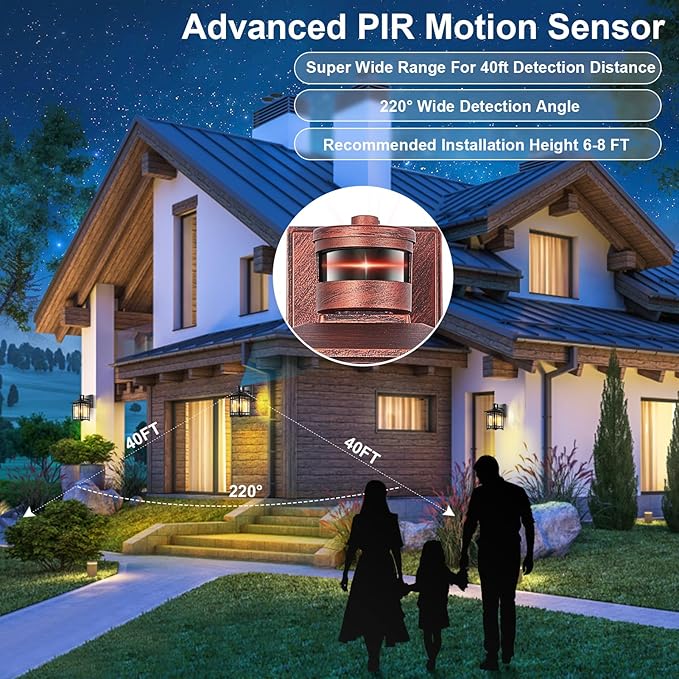 2 Pack Red Rustic Outdoor Wall Porch Lights - Motion Sensor Dusk to Dawn Waterproof Anti-rust Tempered Glass 8x6x12 inches