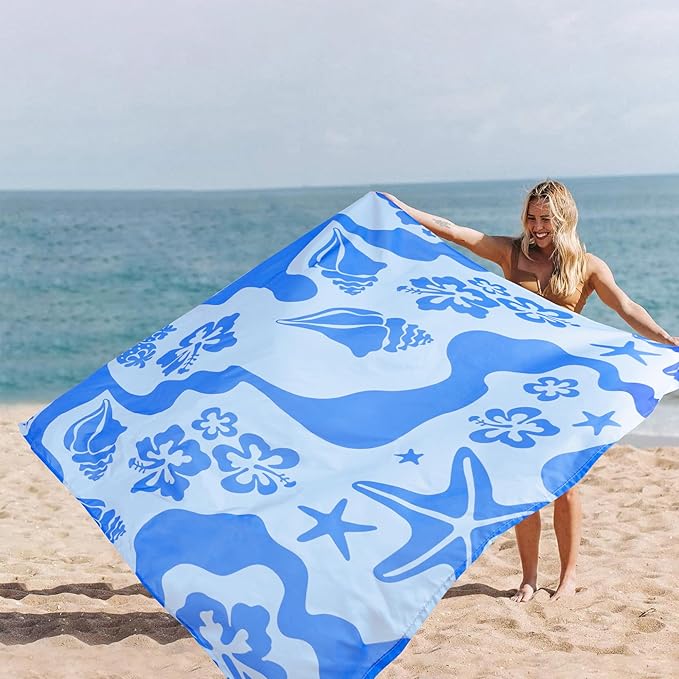 Beach Blanket Waterproof Sandproof 78”x 86” Large Sand Free Beach Mat with 4 Stakes &amp Portable Bag Big Flodable Compact Outdoor Picnic Blanket