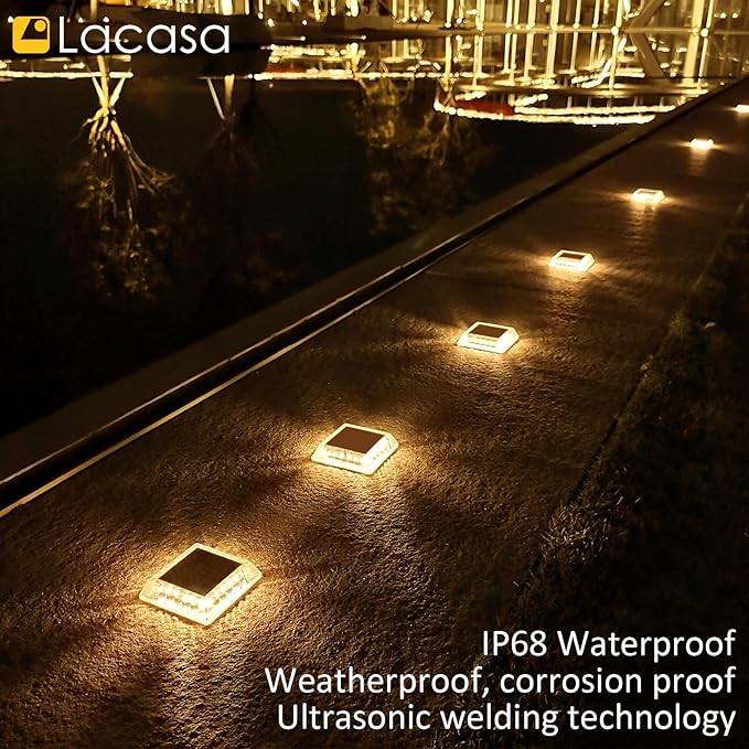 Lacasa Solar Deck Lights 8 Pack 30LM LED Dock Lights Warm White 2700K Outdoor Solar Powered Step Lights Light up All Night IP68 Waterproof Auto ON/Off for Garden Stairs Driveway Pathway Lighting