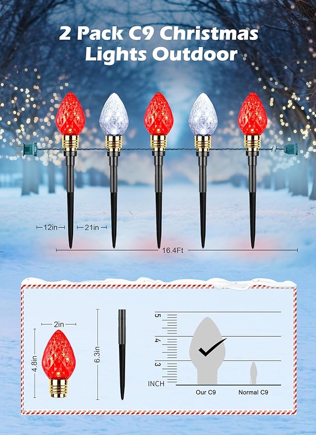 Brightown 2 Pack Strawberry C9 Christmas Pathway Lights Outdoor - Total 34.8 Feet 20 LED Christmas Walkway Light Christma Light Outdoor Decorations for Yard Lawn Holiday Outside Red &amp Pure White