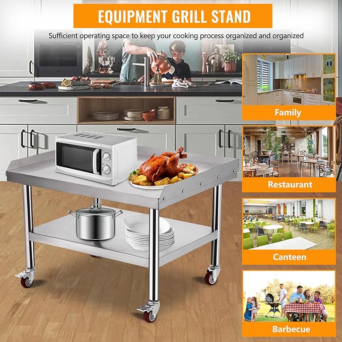 Stainless Steel Table 36x28 Inch Commercial Work Table with Wheels 1000 lbs Capacity Adjustable Shelf Heavy-Duty Equipment Grill Stand for Kitchen Restaurant BBQ