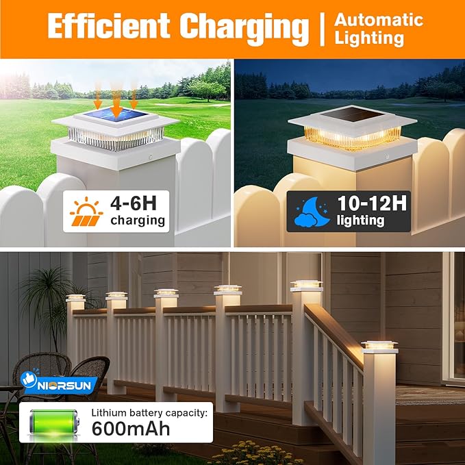 NIORSUN Solar Post Cap Lights Outdoor Waterproof 4x4 Post Solar Lights RGB Color Changing Fence Posts Solars Light for Deck Patio Garden Deco 4x4 Posts Caps Wood Vinyl 5x5 Vinyl 12 Pack (White)