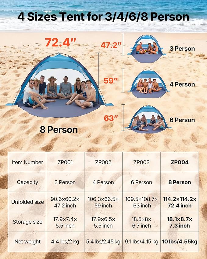 VEVOR Beach Tent Sun Shelter for 8 Person UPF 50+ Protection Portable Sun Shade Beach with Carrying Bag &amp Sand Pockets Lightweight and Easy Setup Beach Umbrella for Camping Fishing Outdoor Picn