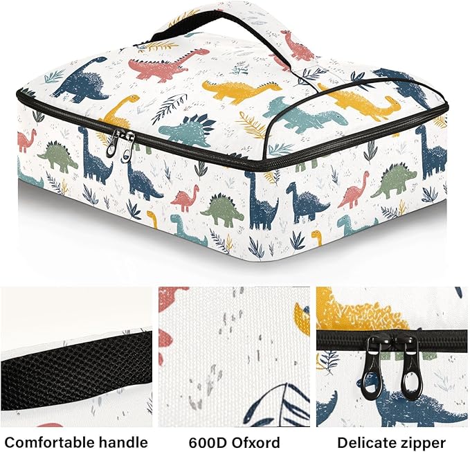 Casserole Carrier Pattern DinosaursInsulated Casserole Carrier for Hot or Cold Food Thermal Lunch Tote for Potluck Parties Picnic Beach Fits 9 x 13 Inches Baking Dish