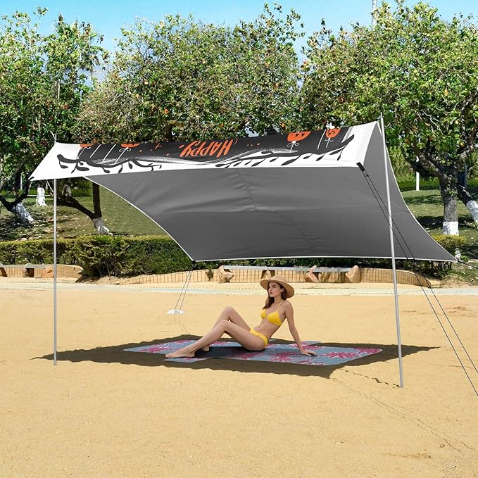 ALAZA Halloween Pumpkin Ghosts Beach Tent Sun Shelter UPF50+ Protection Beach Shade Canopy w/ 4 Sandbags for Outdoor Camping Fishing Backyard Fun Picnic 10x9 ft