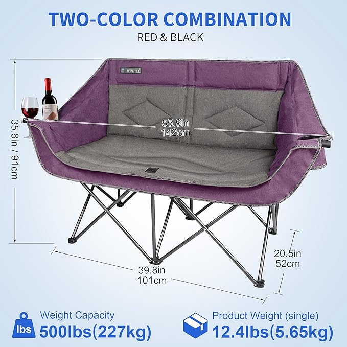 Oversized Double Camping Chair-Heavy Duty 2 Person Folding Loveseat Camp Couch for AdultsPortable Outdoor Lawn Chairs with Padded Seat for FishingSports and PatioSupports 500 LBSPurple