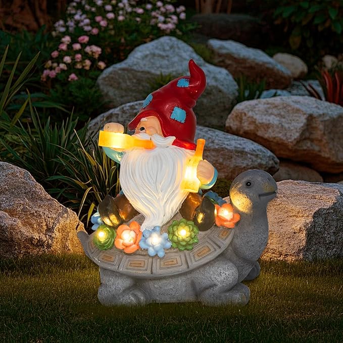 Gnome Garden Decor Statue with Solar Light Lantern Turtle with Succulent Birthday Gifts for Women Mom Grandma Funny Waterproof Resin Figurine Outdoor Decorations for Yard Patio Lawn Balcony Porch