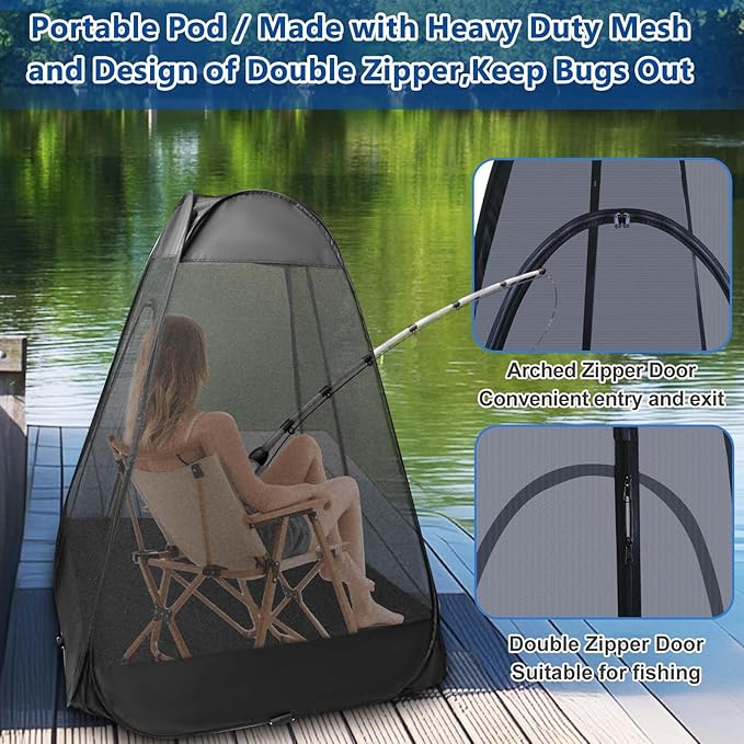 1-Person Camping Chair Pop up Tent 47x47x59 See Through Single Mesh Tent Bugs Barrier Mosquito Net 2 Zipper Doors Outdoor Sports Pod Shelter with Bag for Fishing Not Included Chair