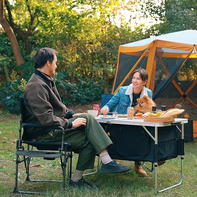 EVER ADVANCED Folding Camping Table with Storage 4 ft * 2 ft Aluminum Composite Desktop &amp Adjustable Legs Outdoor Kitchen Table for Tailgating Backyard BBQ and Picnic