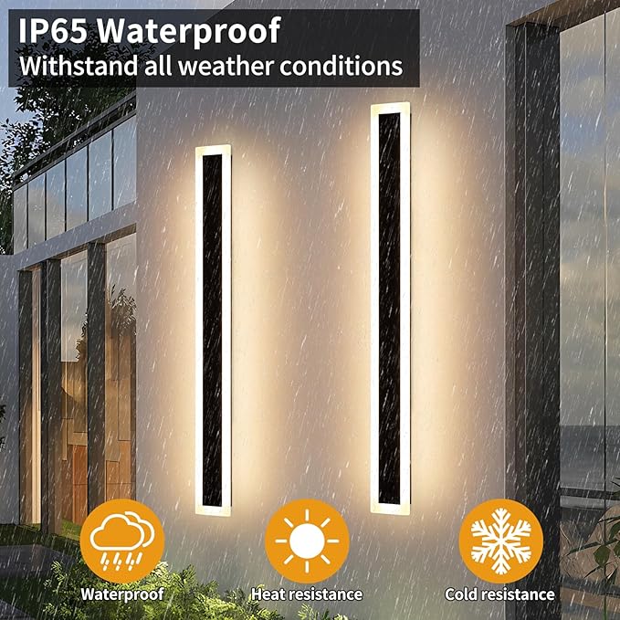 Upgrade Widened 2 Pack 57inch Long Modern Outdoor Wall Light Dimmable 3000K-6000K IP65 Waterproof Exterior Wall Sconces 50W Black LED Wall Mount Light for Home Yard Garden with Remote Control