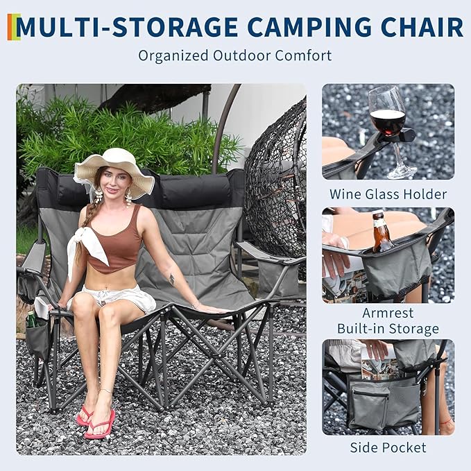 Double Camping Chair with High Back Heavy Duty Folding Loveseat with Pillow&amp Storage Bag for 900lbs Capacity Oversized 2-Person Folding Camp Chair Double Seat for Soccer Games Beach Travel Outd