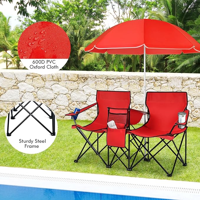 Giantex Double Camping Chair with Umbrella - Folding Picnic Loveseat with Carrying Bag Cooler Bag Table Side Pocket &amp Cupholder Portable Beach Chair for Camping Picnic Fishing Beach