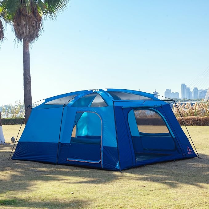 KTT Extra Large Tent 10-12-14 Person(Style-B)Family Cabin Tents2 Rooms3 Doors and 3 Windows with MeshStraight WallWaterproofDouble LayerBig Tent for OutdoorPicnicCampingFamily Gathering