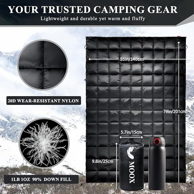 MOOX Down Camping Blanket Packable Backpacking Camping Quilt Outdoor Lightweight Warm Water Resistant Puffy Sleeping Bag Travel Hiking 55x79 Waterproof Camp Throw Blanket Black