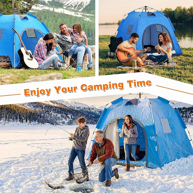 Pop-up Camping Tent Winter Insulated Tent Windproof and Snowproof 4 Season Tents for Camping Ice Fishing Parties Adventure and Hiking Portable 4-6 Person TentBlue