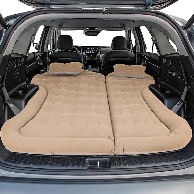 Inflatable Mattress - Car Air Mattress for SUV or Tent with Aux Outlet Pump and 2 Inflatable Pillows - Car Camping Gear by Wakeman Outdoors (Beige)