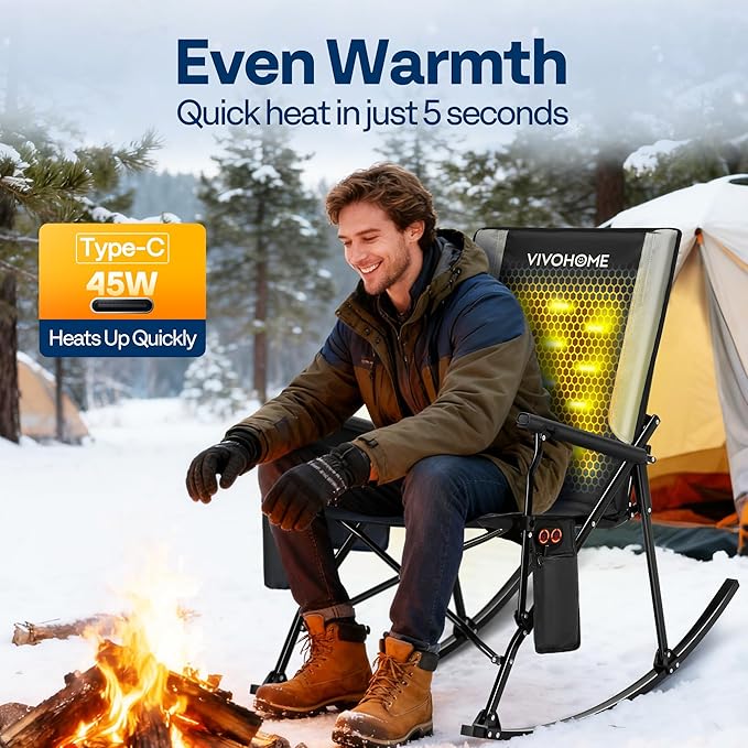 VIVOHOME 45W Padded Heating Rocking Camping Chair with 27000mAh Power Bank Heated Oversized Portable Lawn Chair for Outdoor Sports 3 Levels of Heat Overheat Protection System Black and Gray