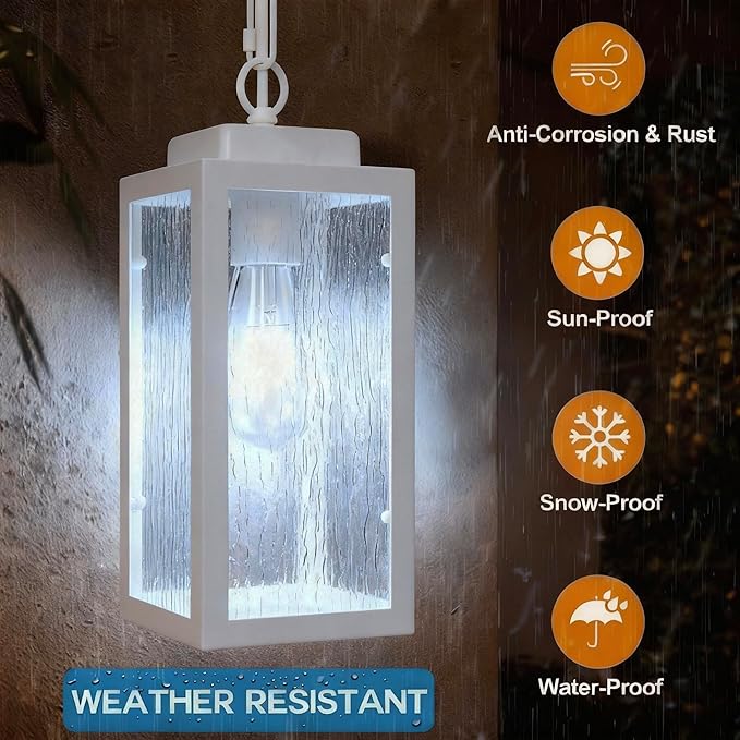 Outdoor Pendant Light 11 Porch lights Outdoor Chandelier Hanging Ceiling Lights White Aluminum Lightshade with Tempered Glass Exterior Lighting Fixture for Porch Yard Gazebo 1 Pack No Sensor