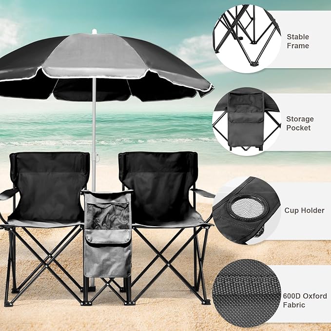 Double Folding Camping Chair W/Umbrella Fold Up Table Beverage Holder Carrying Bag Cooler for Patio Pool Park Outdoor Beach Picnic Portable (Black)