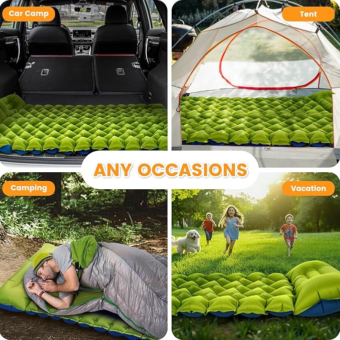 Camping Sleeping Pad 4in Thick Ultralight Inflatable Camping Mat with Pillow Built-in Foot Pump Sleeping Mat Wide Compact Camping Pad for Travel Tent Hiking Backpacking Trip Car Camp Gear