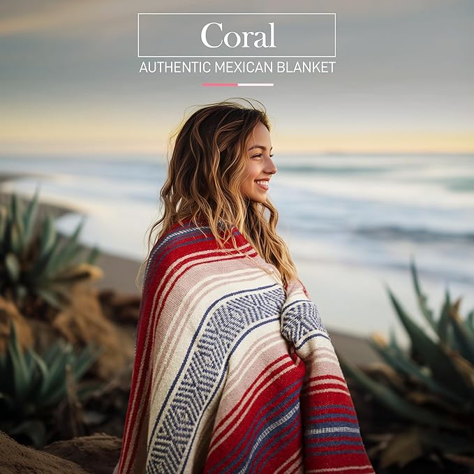 Hydration Nation Authentic Mexican Serape Blanket - Soft &amp Durable - Lightweight Falsa - Coral 70x50