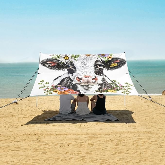 ALAZA Cow Daisy Flowers Beach Tent Sun Shelter UPF50+ Protection Beach Shade Canopy w/ 4 Sandbags for Outdoor Camping Fishing Backyard Fun Picnic 10x9 ft