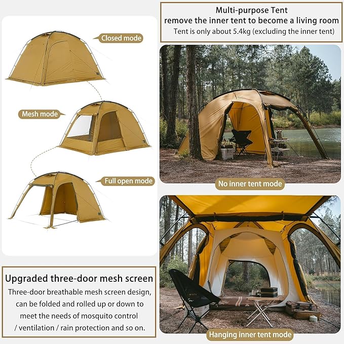 Naturehike Dune Hot Tent with Stove Jack 117 sq ft 4 Seasons Camping Tent 2-4 Person Waterproof Large Tent for Family Car Camping Picnic Fishing 6 Person