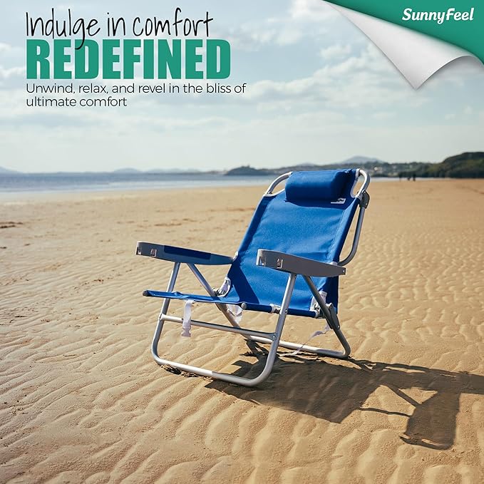 SUNNYFEEL Extra Wide Low Beach Chair 2 Pack 5 Position Lay XL Oversized Portable Folding Camping Chairs with Cup Holder for Outdoor/Sand Foldable Backpack Beach Chair for Adults Heavy Duty 500 LBS