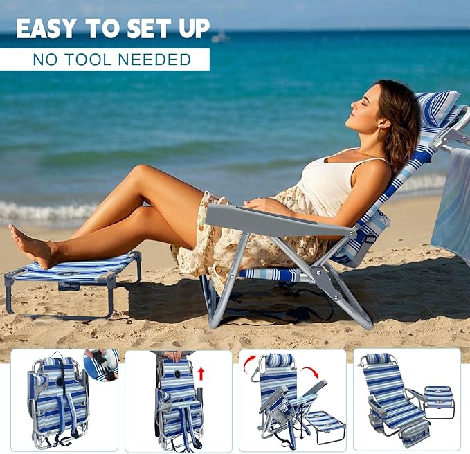 Backpack Beach Chair Aluminum 2 Pack with Folding Camping Table 5-Position Lay Flat Lounge Chair Outdoor for Adults with Insulated Cooler Bag and Cup Holder