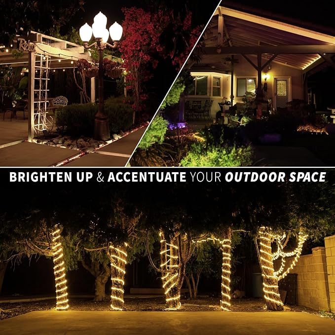 WYZworks 2190LEDs 25ft LED 3/8” Warm White Rope Light w/ 8 Mode Controller Flickering Fading Pulsing Outdoor Waterproof Extendable PVC Tube ETL Certified Holiday Accent Lighting Backyard Patio