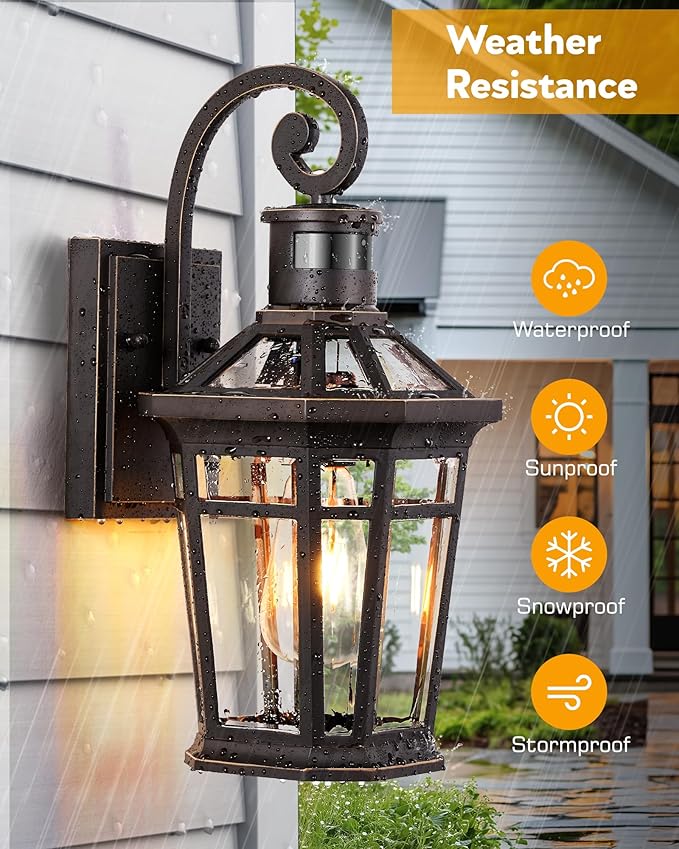 Motion Sensor Porch Lights Outdoor Wall Mount Oil Rubbed Bronze Exterior Wall Sconce Lantern with E26 Socket Waterproof Dusk to Dawn Outdoor Lighting Fixtures Coach Lights for Garage Patio