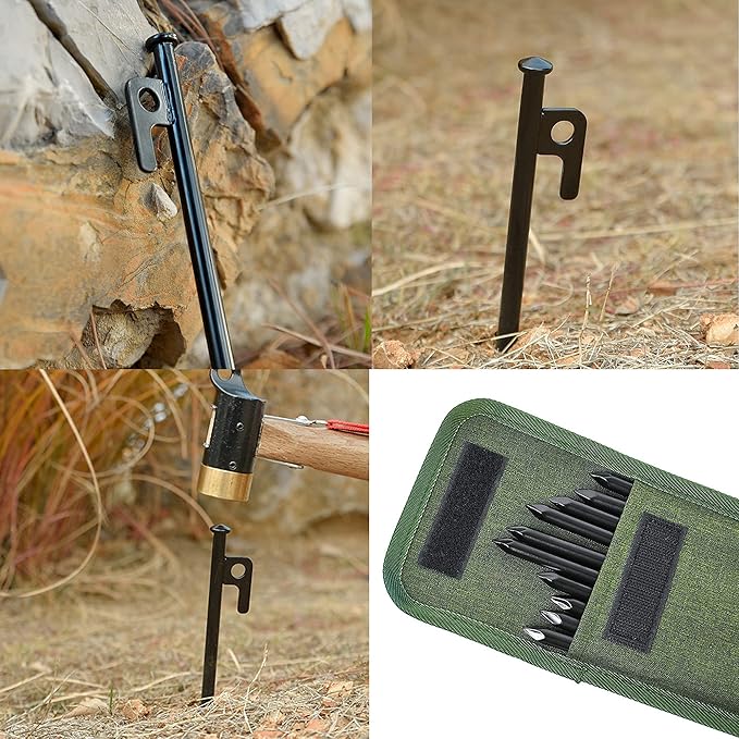 Tent Stakes Heavy Duty 12 Pack - 10inch Extra Strong Camping Stakes Metal Stakes with Hooked Head and Pointy Tip with Carrying Pouch for Hard Ground Sandy Gravel Outdoor Travelling Hiking