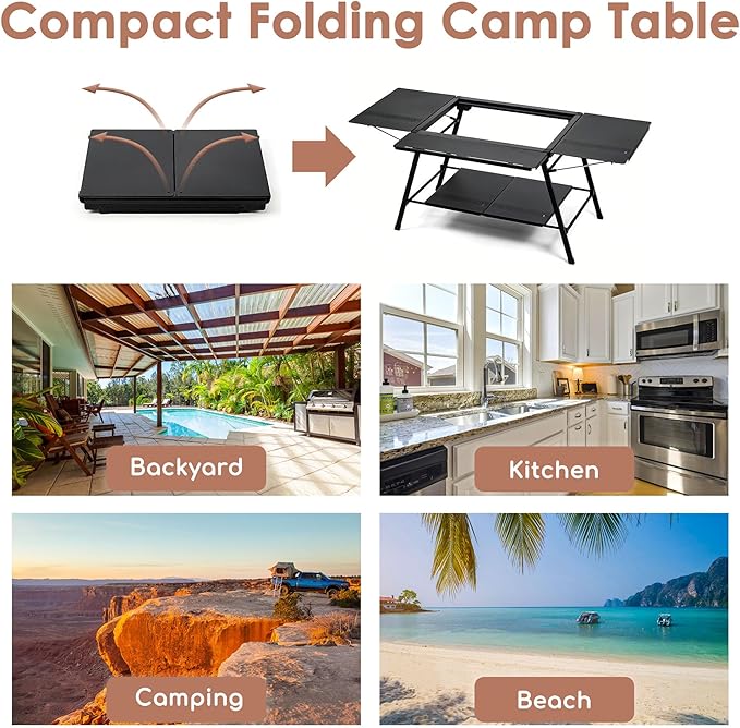 Portable Outdoor Camping Table with Extension Boards Spider Stove and 2 Shelves Foldable Grill Table for Beach BBQ Picnic